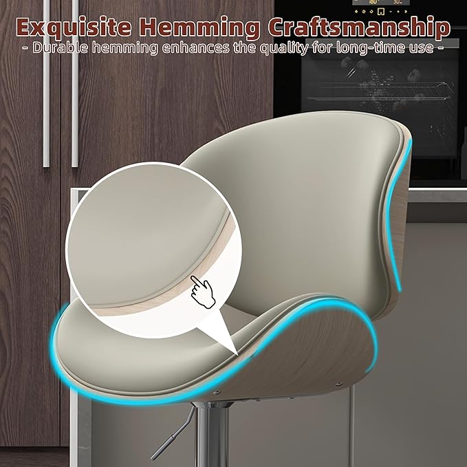 civama Bar Stools Set of 3 for Kitchen Counter, Adjustable Bar Height Chairs, Modern Swivel Barstools with Bentwood Seat and Back with Footrest for Kitchen Island, Dining Room, Grey PU Leather