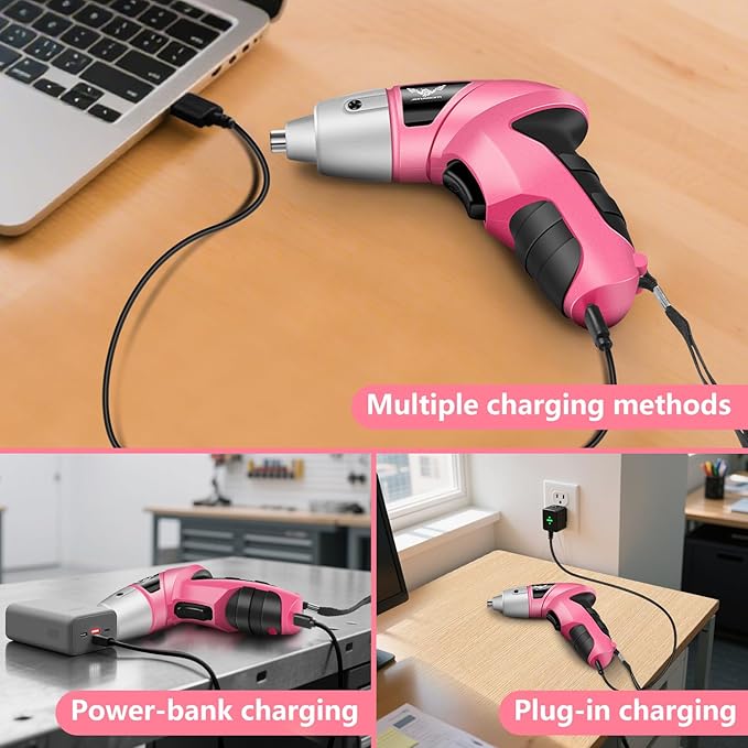 Cordless Screwdriver Rechargeable, Electric Screwdriver Cordless 47pcs, USB Small Power Screwdriver Set with LED Light for Women Home Office DIY Tools, Pink