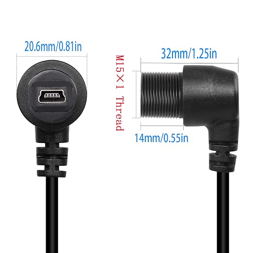 QIANRENON 90 Degree Angle Mini USB Panel Flush Waterproof Extension Cable Mini USB 5 Pin Right Angle Male to Female Panel Mount Cable Threaded to Dashboard or Panel28cm/11in (Down Bend)