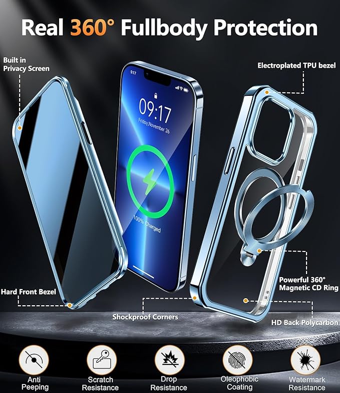 [360° Rotatable CD Stand & Built-in Privacy Screen Magnetic Case for iPhone 13 Pro Max [Compatible with MagSafe & Full Signal] Shockproof Full Body Anti-Spy Cover for 13 Pro Max-Sierra Blue
