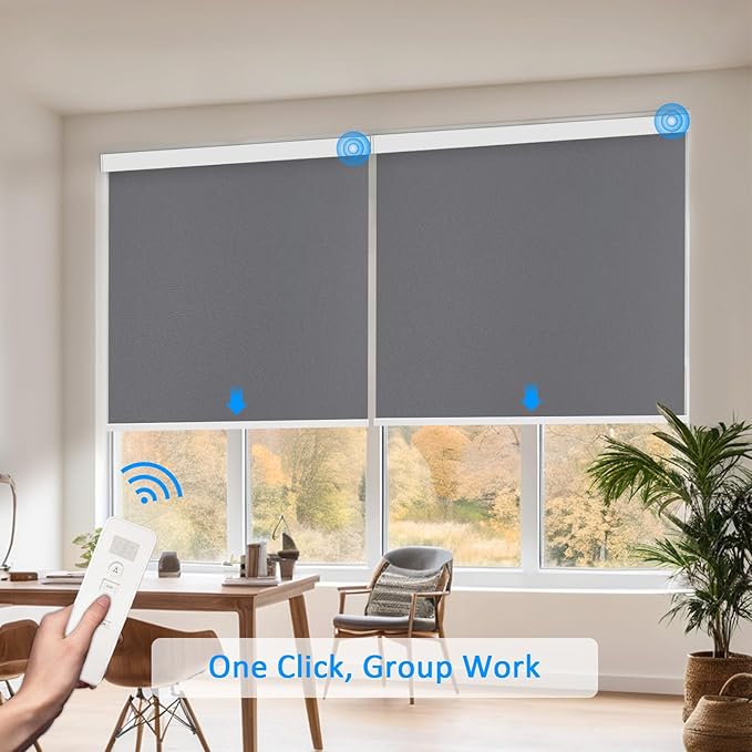 COOLWINDS Motorized Blinds with Remote Cordless Automatic Motorized Shades Custom Blinds for Windows Smart Curtains Compatible with Alexa Google Home(Blackout Thunder Grey,W53 x H72in)