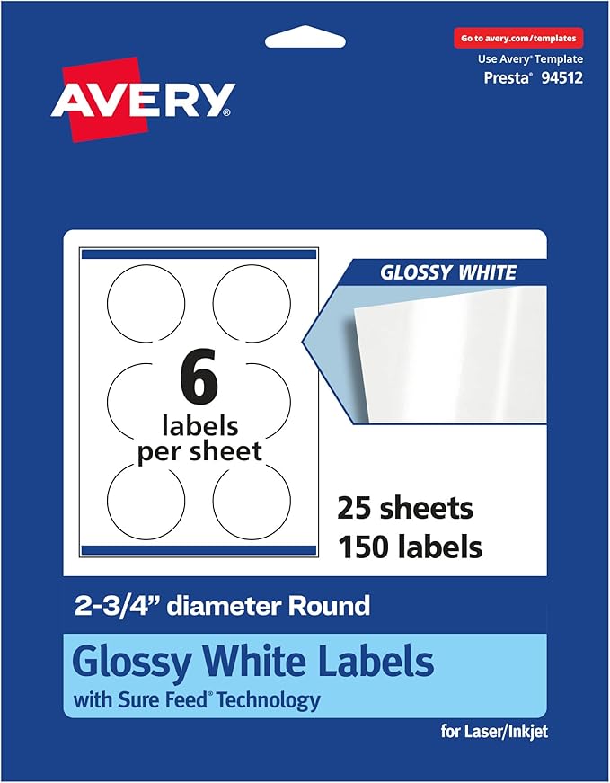 Avery Glossy White Round Labels, Sure Feed Technology, 2.75" Diameter, 150 Glossy White Labels, Print-to-The-Edge, Permanent Adhesive, Laser/Inkjet Printable