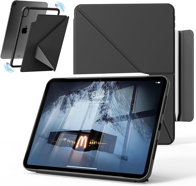Case for iPad A16 11th/10th Generation 11/10.9 inch Black | Magnetic Attachment Slim Soft TPU Protective Case Multi Angles Hidden Pencil Holder Shockproof Frame Auto Wake/Sleep
