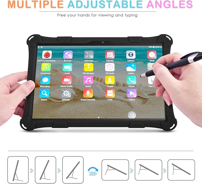 DETUOSI Silicone Case for 10.1 inch Tablet Multi-Angle Case Black | with Shoulder Strap and Stylus Pen Adjustable Stand Built-in Pen Holder Funny Protective Cover for 10.1 inch Tablet