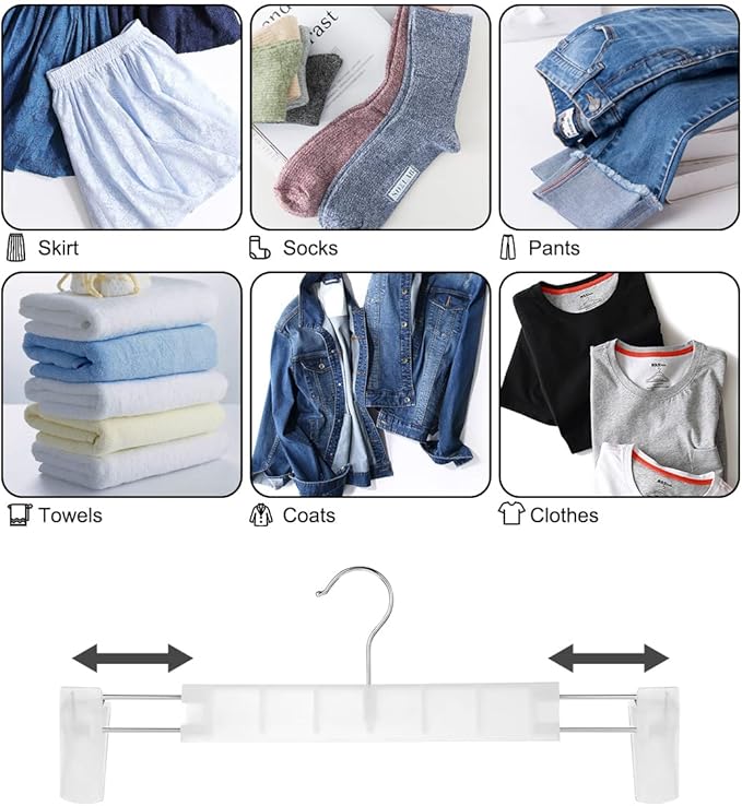 Clothes Pants Hangers, Space-Saving Skirt Holders with 360 ° Swivel Hooks, Adjustable Clips, Trouser Hangers, Clothes Coat Garment Jeans Hangers (10 Pack, Transparent)