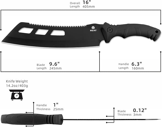 REAT Machete with Saw,16" Heavy Duty Machete with Sheath, Dual-Purpose Gardening Machete Knife for Chopping and Sawing,Ergonomic No-Slip Handle