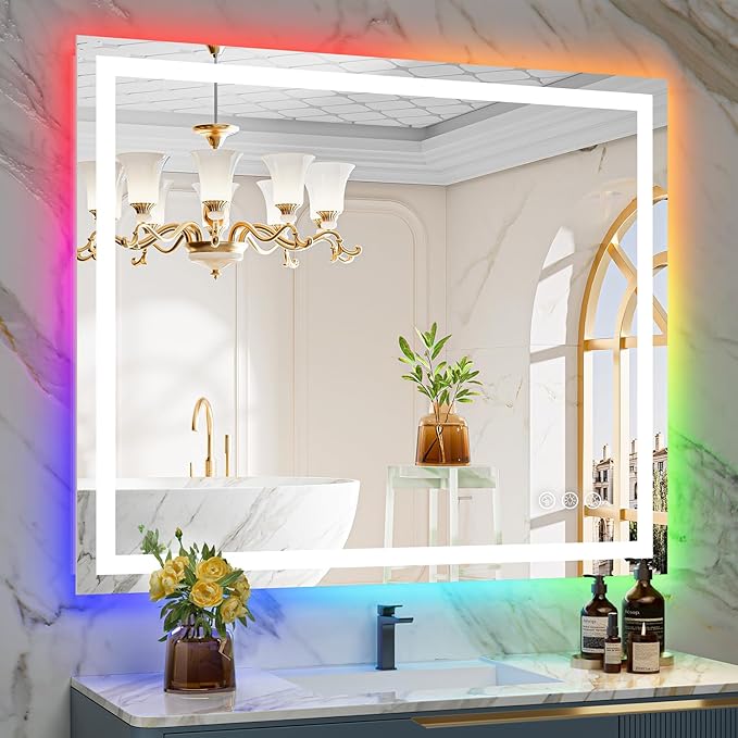 YEELAIT 44x36 Inch RGB LED Bathroom Mirror Front Lit and RGB Backlit Lighted Vanity Mirror for Bathroom Wall Dimmable Anti Fog Memory Shatter-Proof IP54 Waterproof Horizontal/Vertical