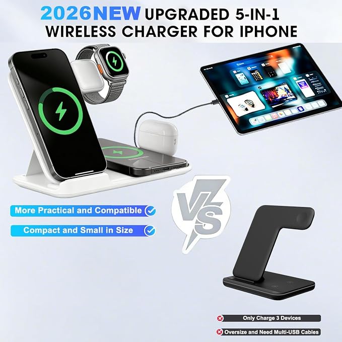 5 in 1 Wireless Charging Station for Multiple Devices Premium Fast Charging Stand for Apple Samsung Android Dual Phone Dock with USB Port for Desk Nightstand