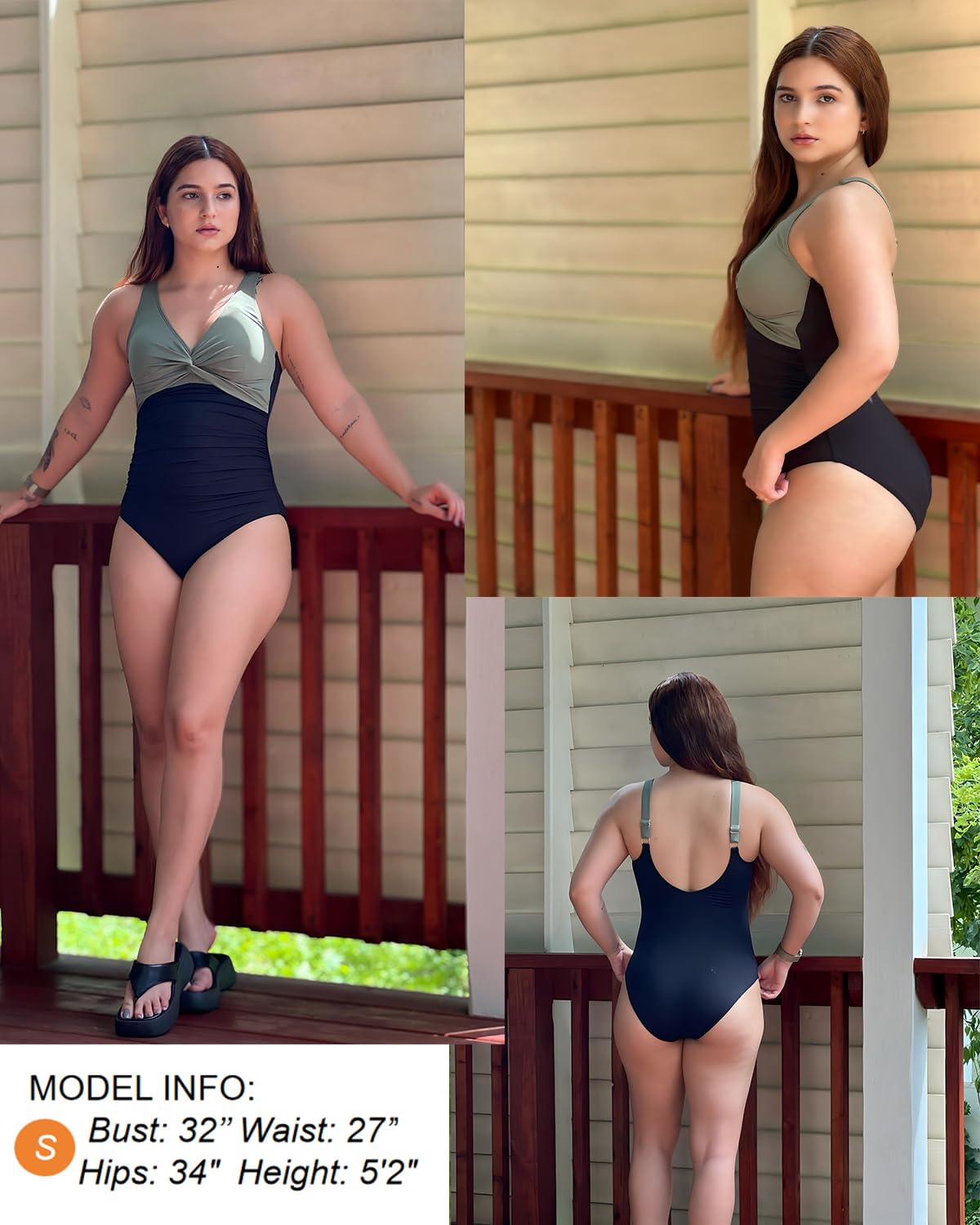 Holipick Green and Black Tummy Control One Piece Swimsuit Full Coverage Bathing Suit L