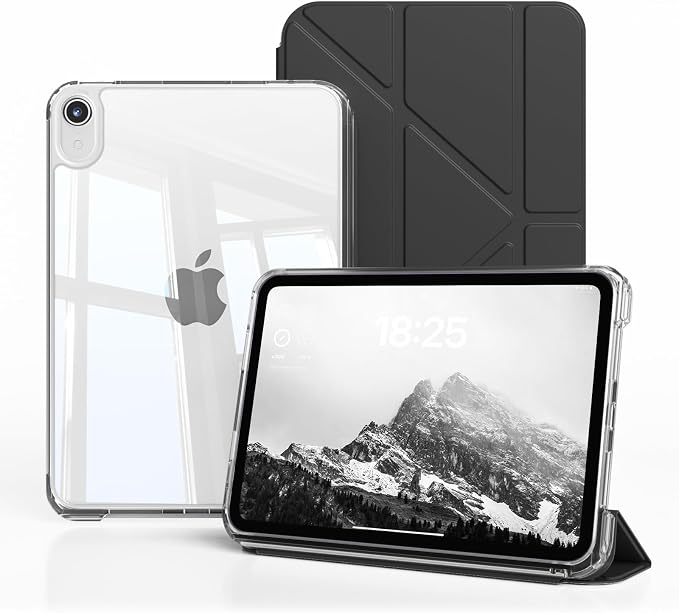Case for iPad mini 7 (A17 Pro 2024) / iPad mini 6 2021 8.3 Inch | Slim Light Clear Anti-Yellow Transparent Back Cover Multi-Angle Stand Protective Case Auto Sleep/Wake (Black)
