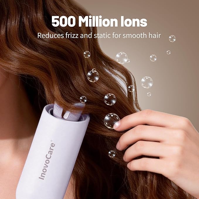 Inovocare Upgraded Automatic Rotating Curling Iron - CurlPro Plus Long Barrel Curling Wand for Long Hair, Ceramic Hair Curler for Women, Anti-Scald, Tangle-Free, 600M Ionic, Dual Voltage (Misty Blue)