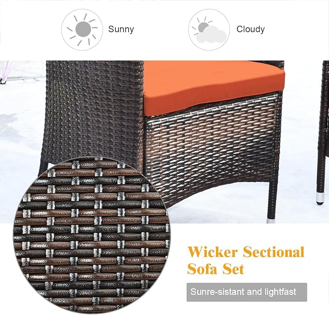 Tangkula 8 PCS Patio Rattan Conversation Set, Outdoor Wicker Furniture Set with Tempered Glass Coffee Table &Thick Cushion, Rattan Chair Wicker Set for Garden, Lawn, Poolside and Backyard (2, Orange)