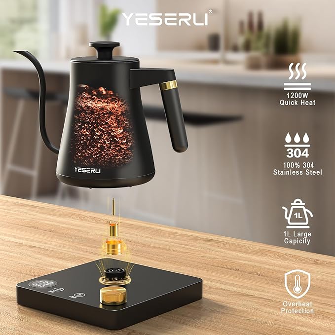 YESERLI 1200W Gooseneck Kettle with ±1℉ Temperature Control,Pour Over Electric Kettle for Coffee & Tea,Digital Display,4 Temp Preset,12H Keep Warm,100% Stainless Steel,Rapid Heating,1L,Matte Black