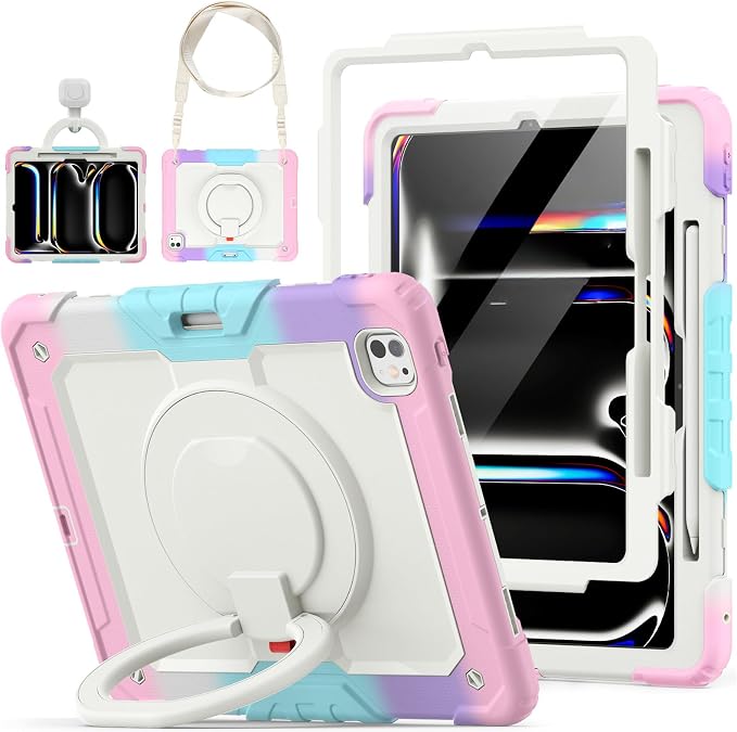 for iPad Pro 11 inch Protective Case M5 2025/M4 2024: Heavy Duty Shockproof Case with Pencil Holder - 360°Rotating Handle/Stand - Screen Protector - Shoulder Strap Black/Sky Blue