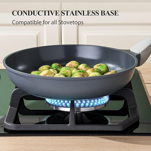 PRICUSIS Nonstick Ceramic Frying Pan Skillet, 10+12 Inch Induction Compatible with Stay Cool Handle, Healthy PTFE PFAS & PFOA Free Omelet Pan, Dishwasher Safe (Blueberry Gray)