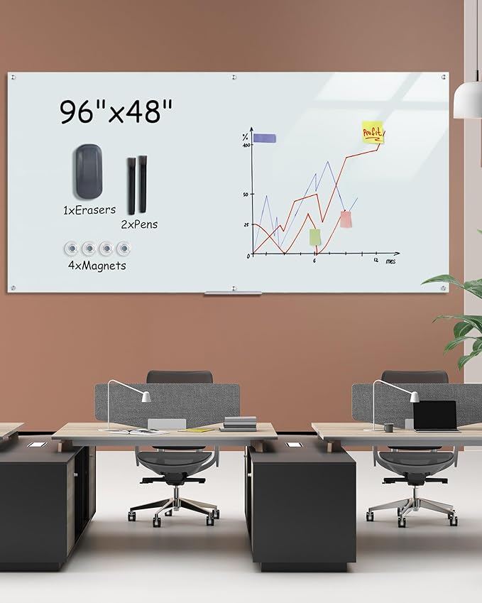 Mifuro Magnetic Glass Whiteboard，96"x48" Wall Mounted Frameless Dry Erase Board for Office, Home & School White