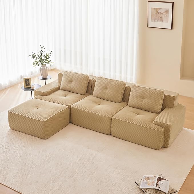 115" Modern Compressed Boneless Couch with Ottoman, 3 Seater Large L Shaped Sectional Couches for Living Room, Camel Corduroy Cloud Modular Sectional Sofa, Memory Foam, Extra Deep, No Assembly