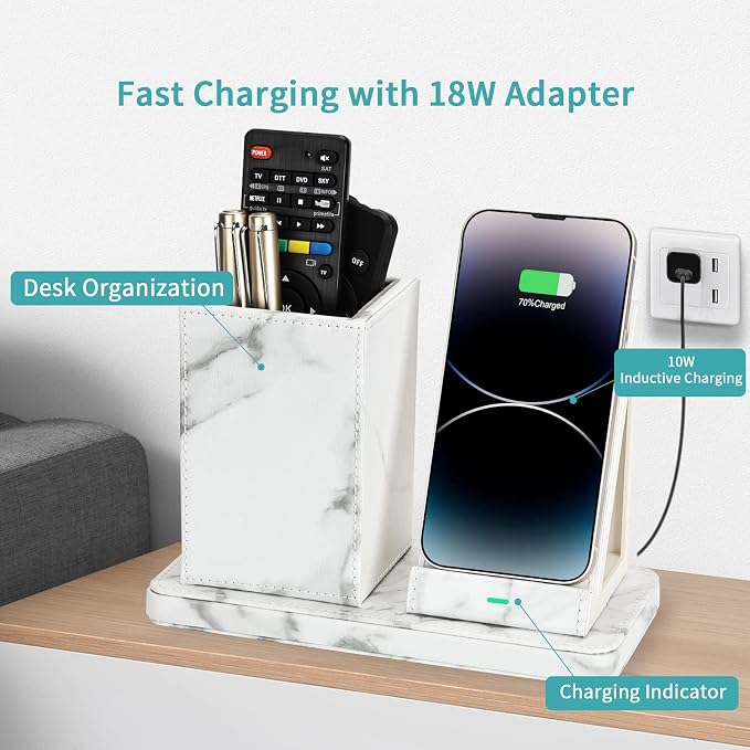 Wireless Charger with Desk Organizer Wireless Charging Station for iPhone 13/13 Pro Max/13 Pro/12 Series/11/XS Max/XR/X/8Plus/SE 2 Wireless Charging Stand with Leather… (Black)