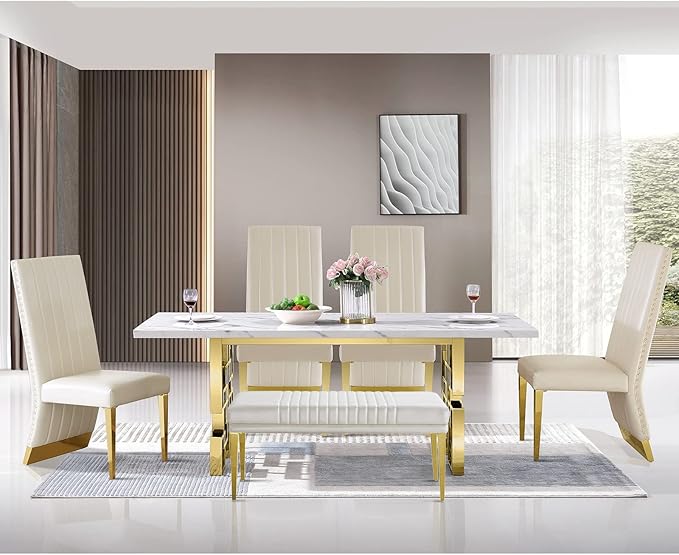 AUZ White Leather Dining Chairs Set of 4, Glam White and Gold Dining Room Chairs with Gold Legs and Nail Head Trims
