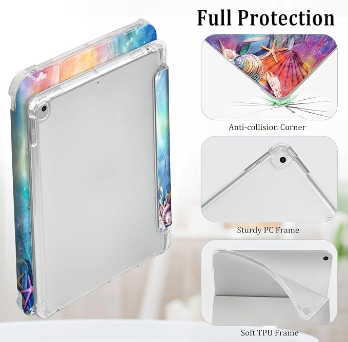 Lokigo for iPad 9th/ 8th/ 7th Generation Case 10.2 Inch (2021/2020/2019 Release) iPad Air 10.5 (3rd Generation) 2019 /Pro 10.5 2017 Case with Translucent Hard Shell Back -Flowers