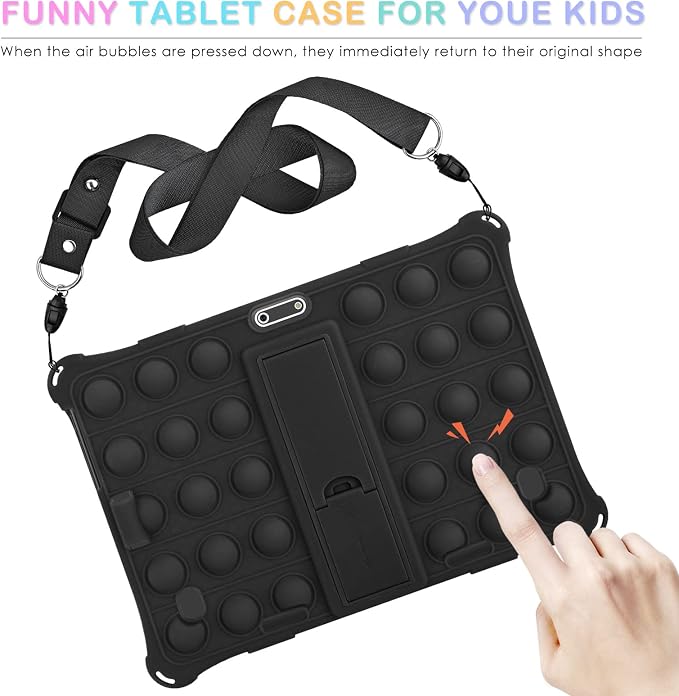 DETUOSI Silicone Case for 10.1 inch Tablet Multi-Angle Case Black | with Shoulder Strap and Stylus Pen Adjustable Stand Built-in Pen Holder Funny Protective Cover for 10.1 inch Tablet