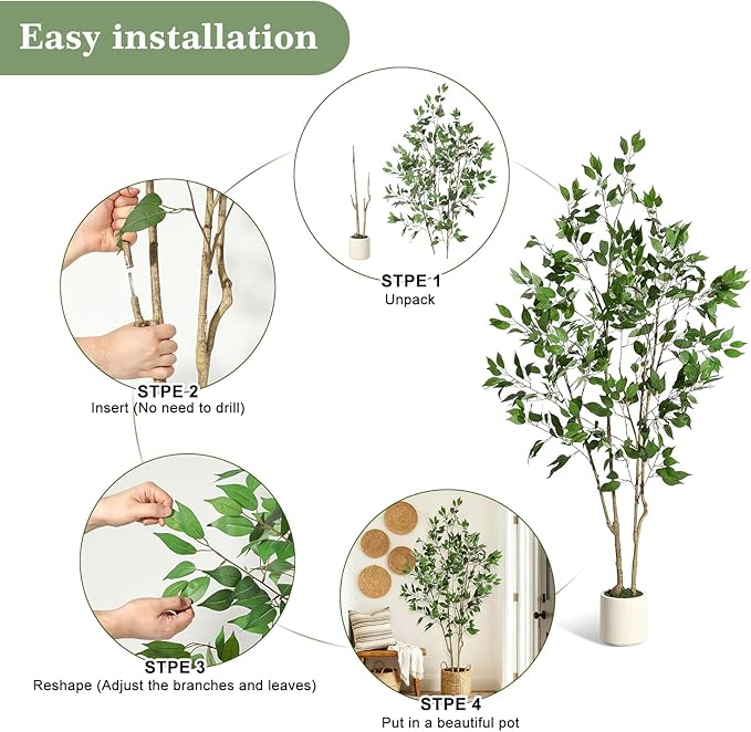 6FT Ficus Trees Artificial Indoor, Faux Silk Plant with Natural Wood Trunk and Lifelike Fruits, White Imitation Ceramic Planter with Green Fake Moss for Modern Home Office Living Room Decor