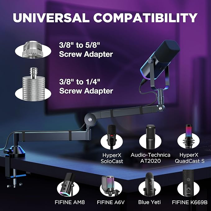 InnoGear Low Profile Mic Arm, 360° Rotatable Microphone Boom Arm Mic Stand for Fifine AM8 K669B Blue Yeti HyperX QuadCast SoloCast AT2020, with Mic Clip 3/8" to 5/8", 3/8" to 1/4" Adapter, Black