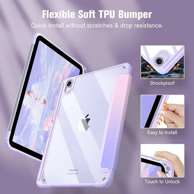 Fintie Clear Case for iPad mini 7th Generation (A17 Pro) / mini 6 8.3 | Slim Hybrid Shockproof Hard PC Back Cover Pencil Holder Viewing &amp Typing Angles Auto Sleep/Wake Black