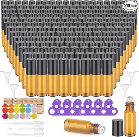 200 Pack Essential Oil Roller Bottles, Amber Glass Roller Bottles 5ml, Roller Balls for Essential Oils, Roll on Bottles (768 Pieces Labels, 32 Funnels, 32 Dropper, 16 Opener)