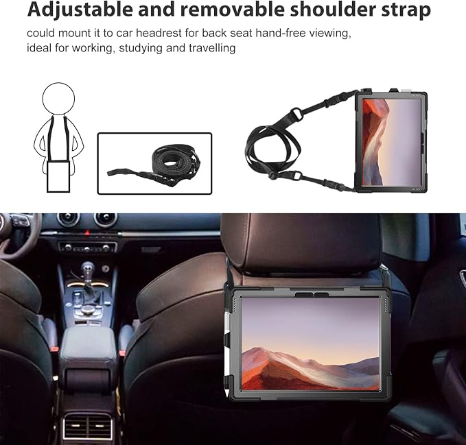ProCase Surface Pro 6/ Surface Pro 5/ Pro 4/ Pro LTE Case Full Body Hybrid Protective Case 360 Degree Rotatable Heavy-Duty Cover with Adjustable Hand Strap Shoulder Belt and Kickstand -Black