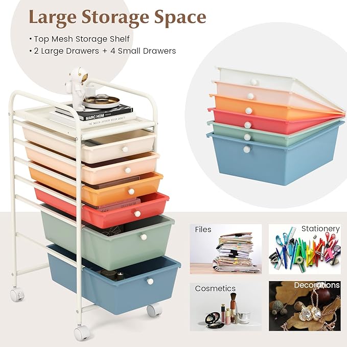 COSTWAY 6-Drawer Rolling Storage Cart, Multifunctional Art Craft Tools Organizer on Wheels, Heavy Duty Utility Mobile Storage Trolley w/ 2 Lockable Wheels for Home Office School, Macaron