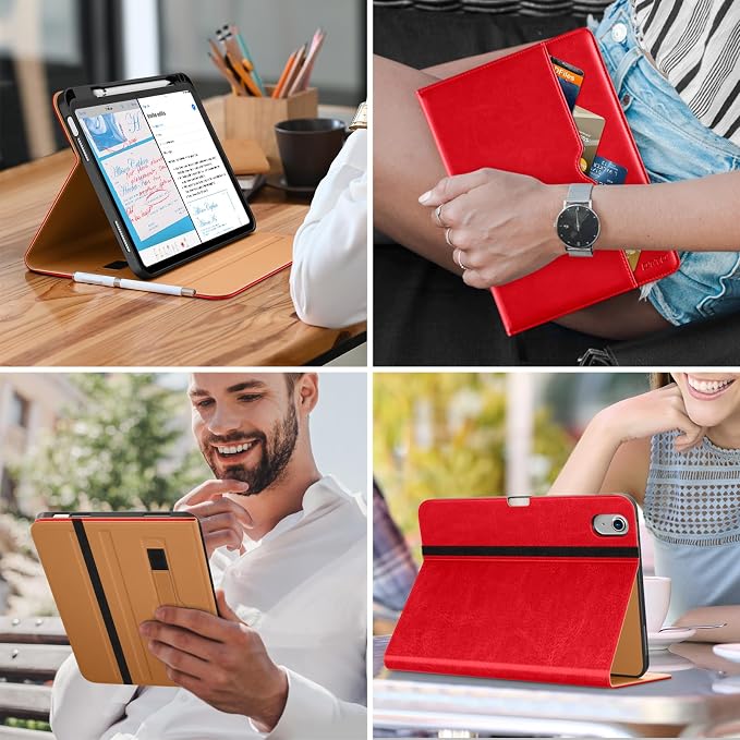 DTTO for iPad (A16) 11th Generation 11-inch &amp 10th Gen Case Brown | Premium Leather Business Cover with Pencil Holder Hand Strap &amp Pocket Corner Protection Auto Sleep/Wake for Work &amp