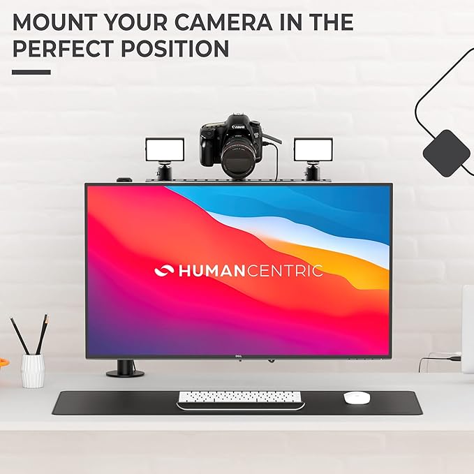 HumanCentric DSLR Monitor Mount Large, Desk Camera Mounting, Light Webcam, Microphone Shelf for Monitor VESA Arm, Replace Clamp Tripods, 100x100mm Patterns, Aluminum, Hardware Included