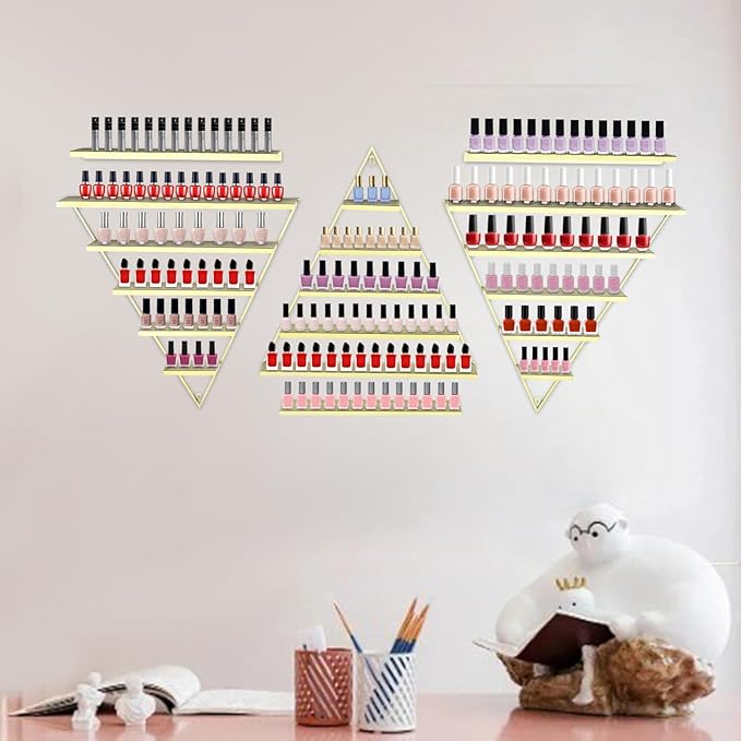 5-Tier Wall Mounted Nail Polish Organizer – Gold Iron Triangle Display Rack for Nail Salon & Home – Holds 110 lbs, for Polishes, Lipstick, Perfume, Cosmetics – Modern Metallic Finish