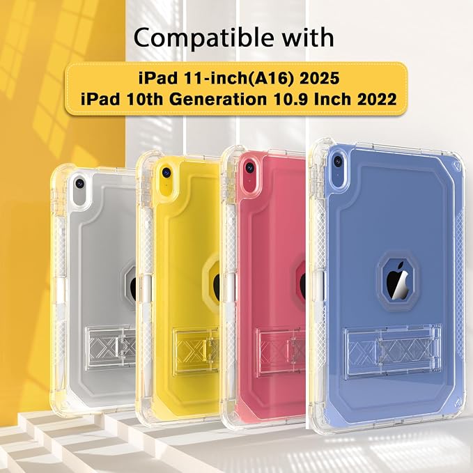 ZoneFoker Case for iPad 11-inch (A16) 2025 / iPad 10th Gen 10.9 inch 2022 Heavy Duty Shockproof Rugged Protective with Pencil Holder 11th / 10th Translucent Cover with Kickstand