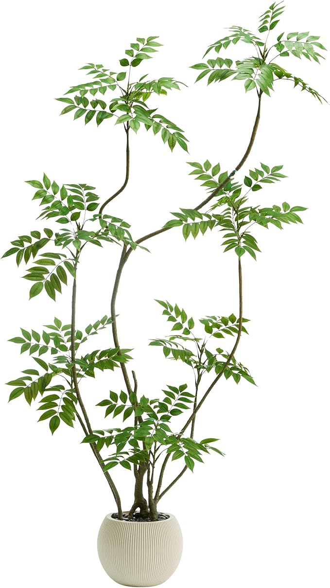 Artificial Sumac Tree：6FT Faux Mahonia Fortunei Tree Realistic Fake Floor Plant Silk Leaves & Elegant Branches in Pot Fake Plant for Minimalist Decor Indoor Home Sala Office Hotel Patio Studio