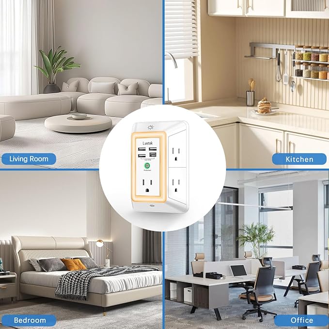 Multi Plug Outlet Surge Protector - Lvetek 3-Sided Power Strip with 5 Outlet Extender and 4 USB Ports(1 USB-C) and Night Light, USB Wall Charger for Home, Office, Travel, ETL Listed, White