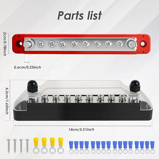 JUNXILPPD 12V Stainless Steel Bus Bar Marine Simplify Wiring Power Distribution Block Space Saving Battery Buss Bar High Security for Boat 2 x 1/4" Posts, 8 x #8 Screws Terminals (Black+Red)