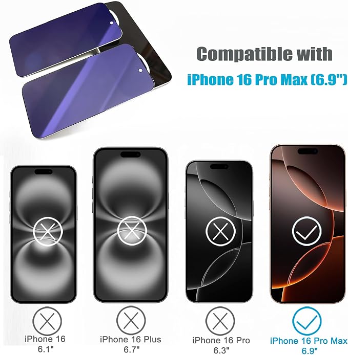2 Pack Compatible with iPhone Privacy Screen Protector Anti-Spy Anti-Blue Light Eye Protection Tempered Glass Film Scratch Resistant Full Coverage Case Friendly (for iPhone 16 Pro Max)