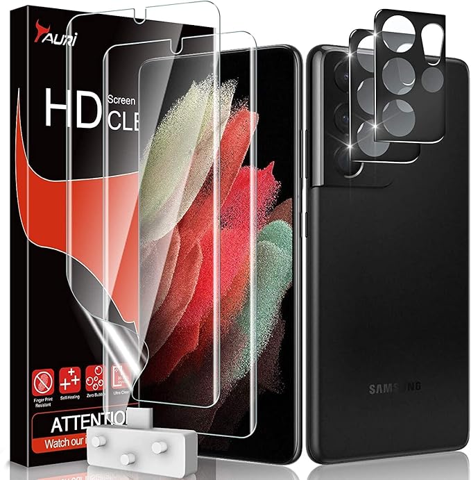 TAURI [Designed for Samsung Galaxy S21 Ultra 5G 2 Pack Flexible TPU Screen Protector + Camera Lens Protector Support Fingerprint Unlock Easy Installation Bubble Free]