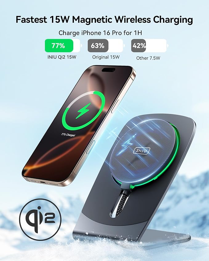 INIU 15W Fast Qi Certified Wireless Charging Station &amp Qi2 Certified 15W Mag-Safe Wireless Charger Stand Combo