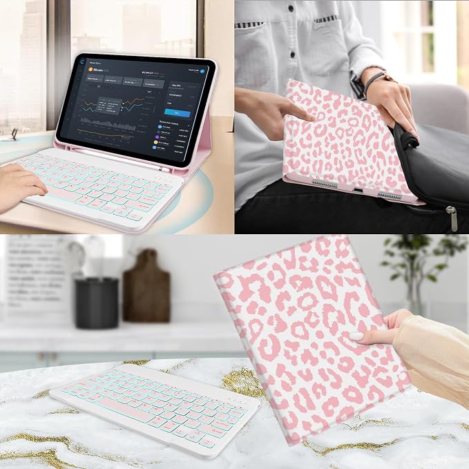 for Bluetooth Keyboard for iPad 10th Gen 10.9 inch (2022) case (A16) 11th / 10th Gen Case 11'' (2025) with 7-Color Backlights Pencil Holder Detachable Rechargeable - Black Cow