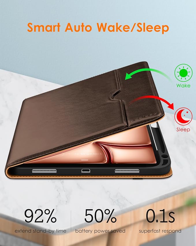DTTO for iPad Air 11-inch Case M4/M3/M2 (2026/2025/2024) iPad Air 5th / 4th Generation (2022/2020) Premium Leather Business Folio Stand Cover with Pencil Holder - Auto Sleep/Wake Brown