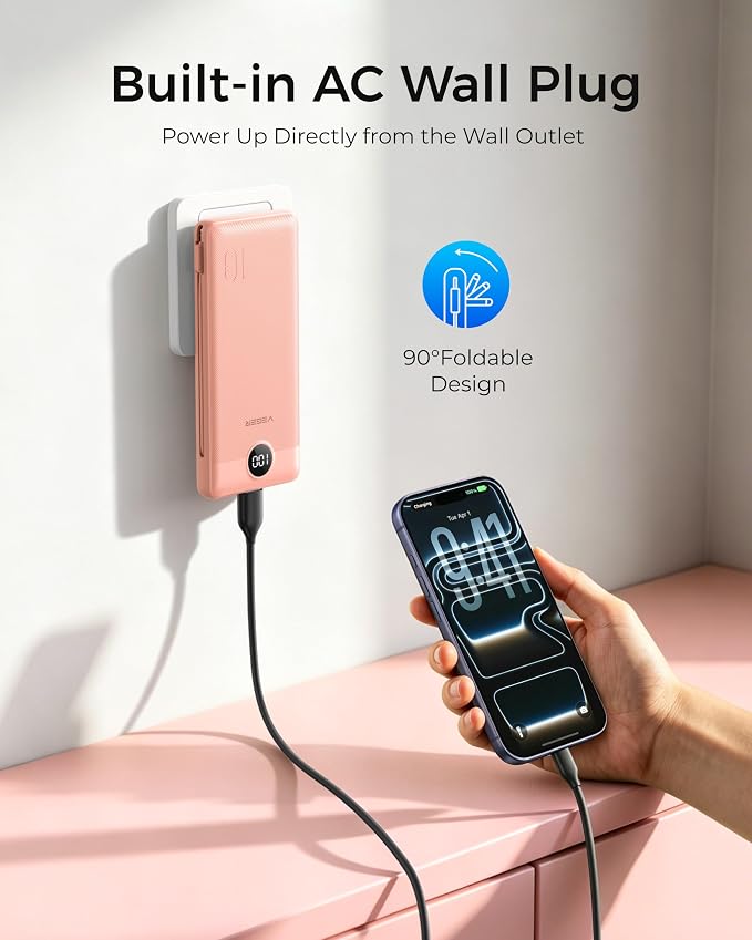 VEGER Portable Charger for iPhone Power Bank Built in Cable and Wall Plug | 10000mAhUltra Slim&ampCompact5 OutputsLED DisplayFlight-SafeTravel Essentials Battery Pack for iPhone 17iPad Samsun