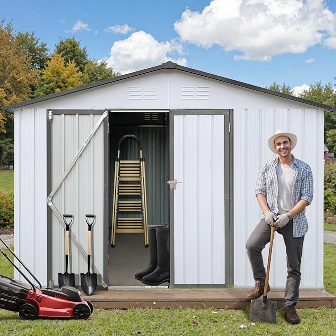 10 x 12 FT Outdoor Storage Metal Shed, Garden Bike Shed with Slooping Roof, Lockable Doors and Windows, All-Weather Tool Shed Easy to Assemble for Backyard, Patio, Lawn, White+Black