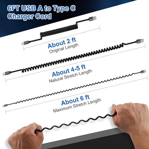 USB c Cable Coiled USB c Cable Fast Charging（2Pack 3FT+6FT ） Compatible with iPhone 16/15/Samsung Galaxy S20 S10 S9 S8 Plus (USB Type C)