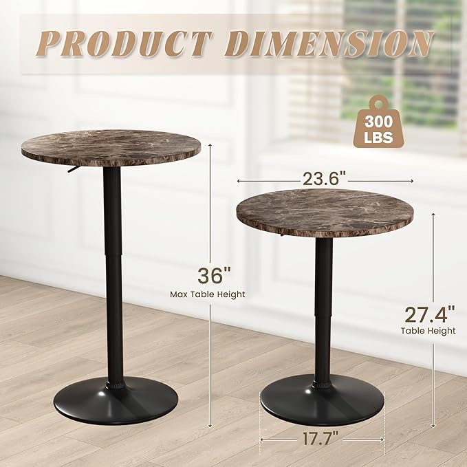 Shahoo Round Bar Table, Adjustable Height and 360° Swivel Bistro Pub Table, Cooktail Table for Bar, Bistro, Dining Room, Faux Marble