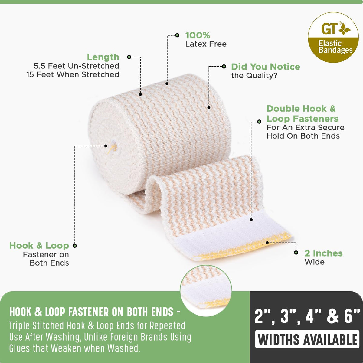 Premium Elastic Bandage Wrap (2" 2 Pack) - Hook & Loop Fasteners at Both Ends - Latex Free Hypoallergenic Compression Roll - Reusable Bandages for Waist, Legs, Elbow & Knee Wrap