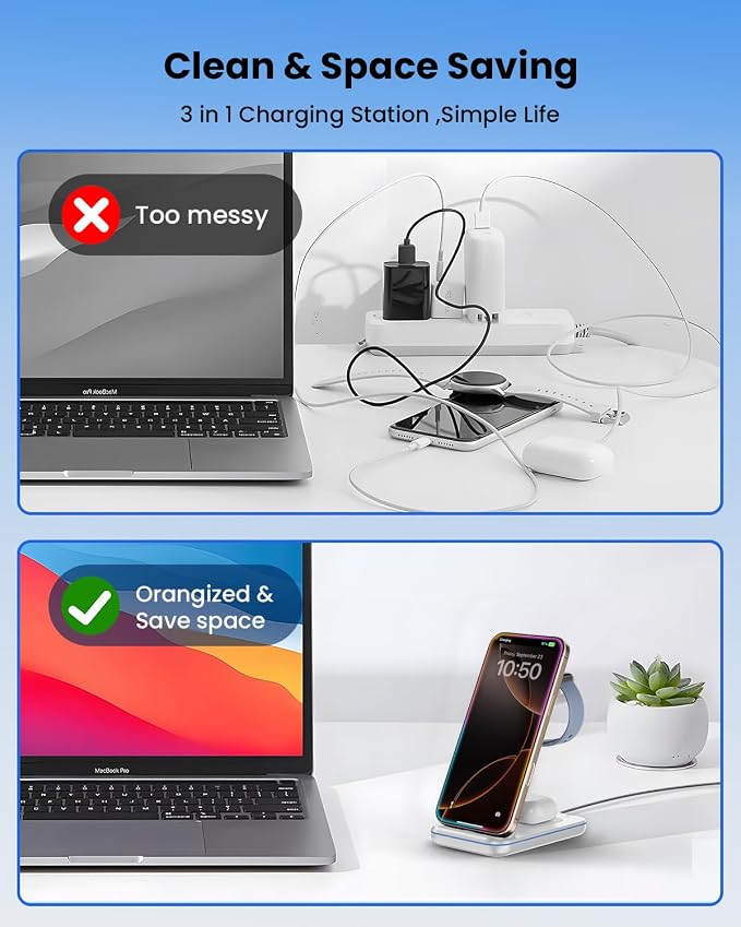 Wireless Charger Stand CIYOYO 3 in 1 Fast Wireless Charging Station Dock for Apple Watch 11/9/8/7/6/SE/5/4/3/2 Airpods 3/2/Pro iPhone 17/16/15/14/14 Plus/14 Pro Max/13/13 Pro/12/12 Pro/SE/X/XR/XS/8