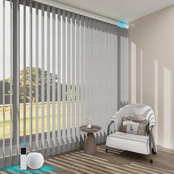 Blindify Motorized Sheer Vertical Blinds with Remote, Light Filtering Smart Vertical Blinds Work with Alex Google Home, Horizontal Blinds for Sliding Glass Doors, Customize(Linen Dark Gray)